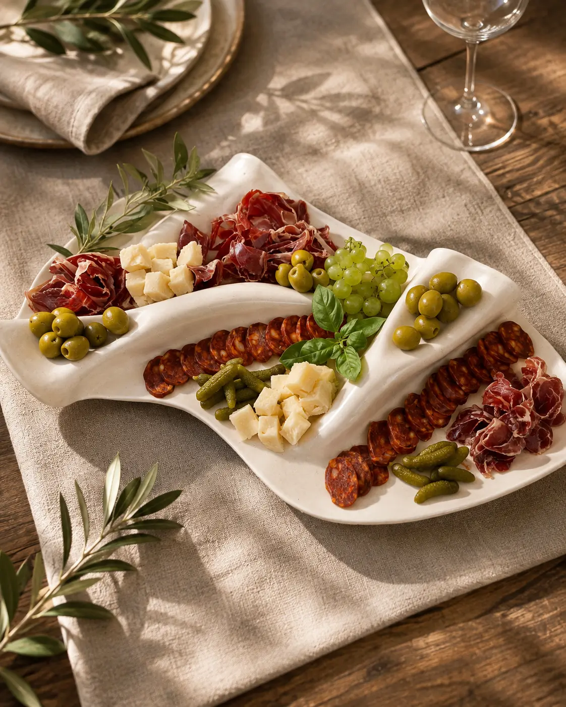 Handmade ceramic serving platter with Mediterranean antipasti on linen