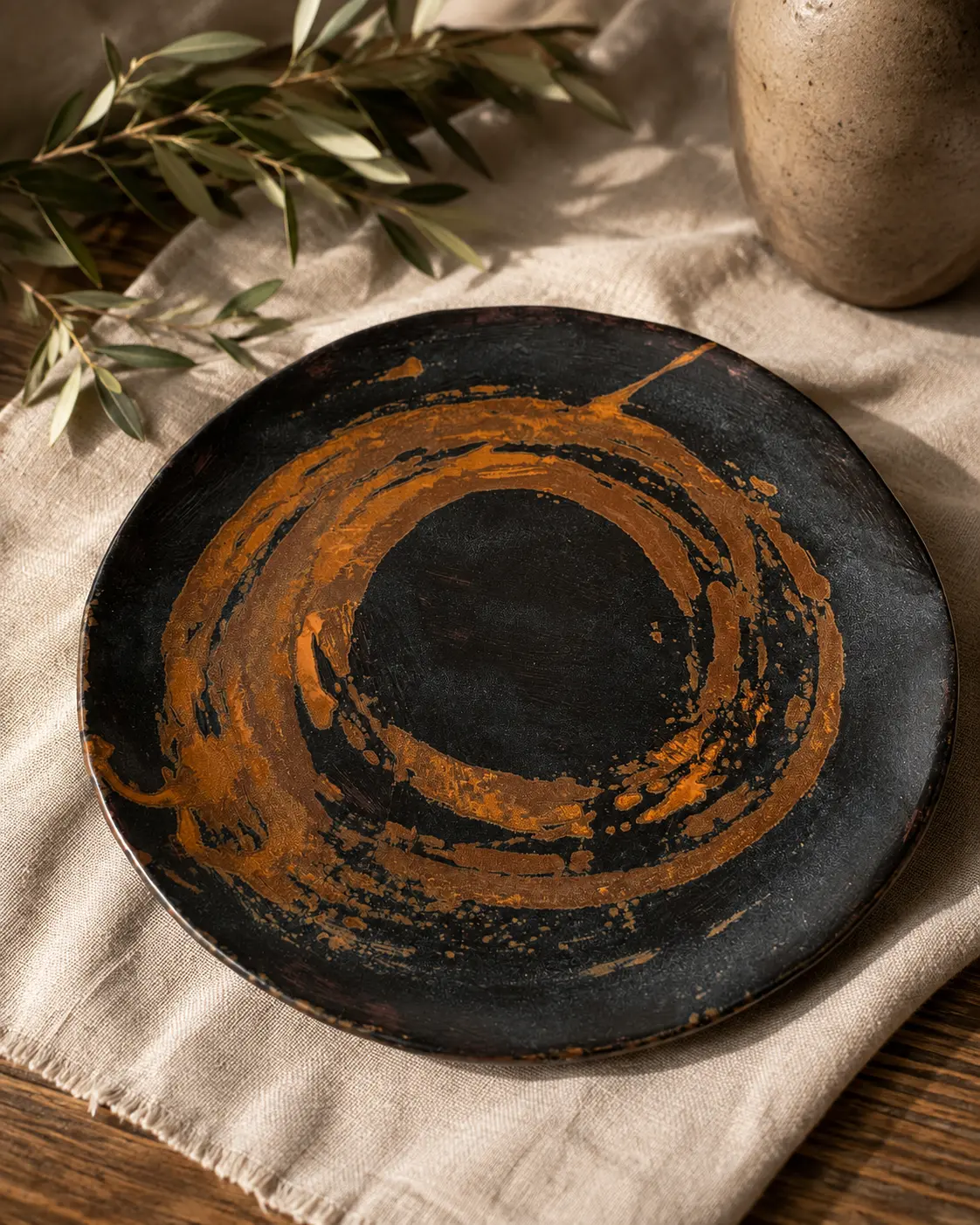 Charcoal ceramic plate with rust coloured ring detail on linen