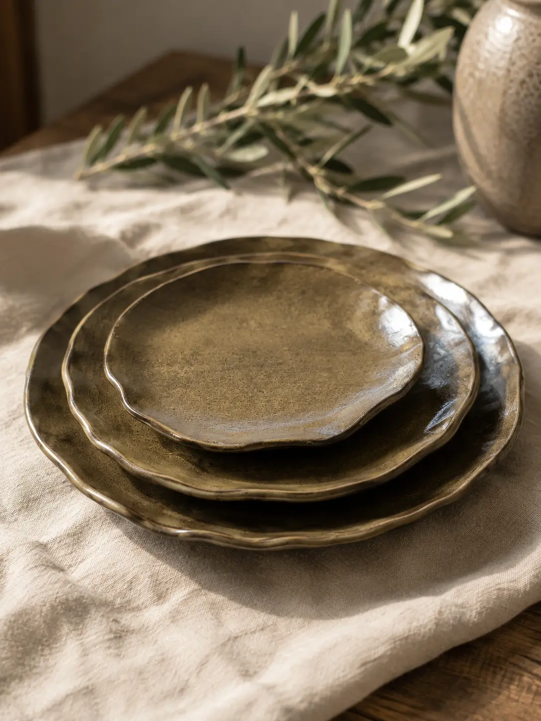 Stack of handmade ceramic plates with bronze glaze on linen