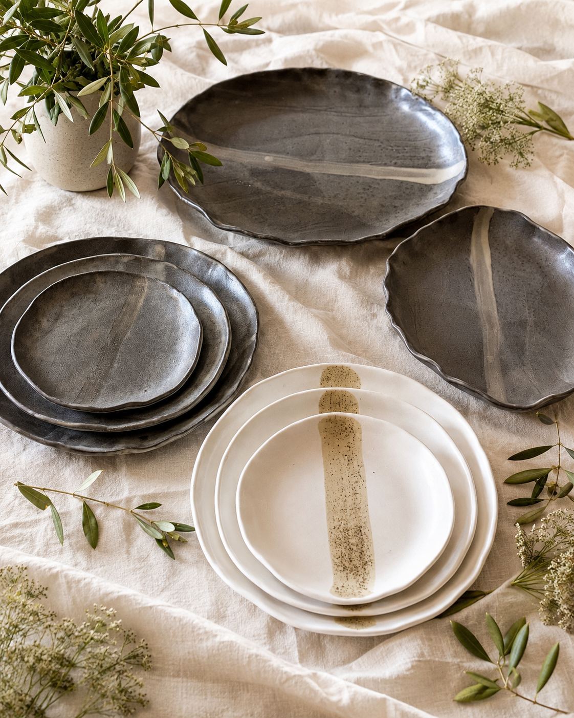Charcoal and white handmade ceramic plates with painted stripe details on linen with olive branches